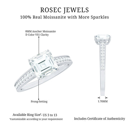 Asscher Cut 3 Carat Moissanite Solitaire Engagement Ring with Side Stones