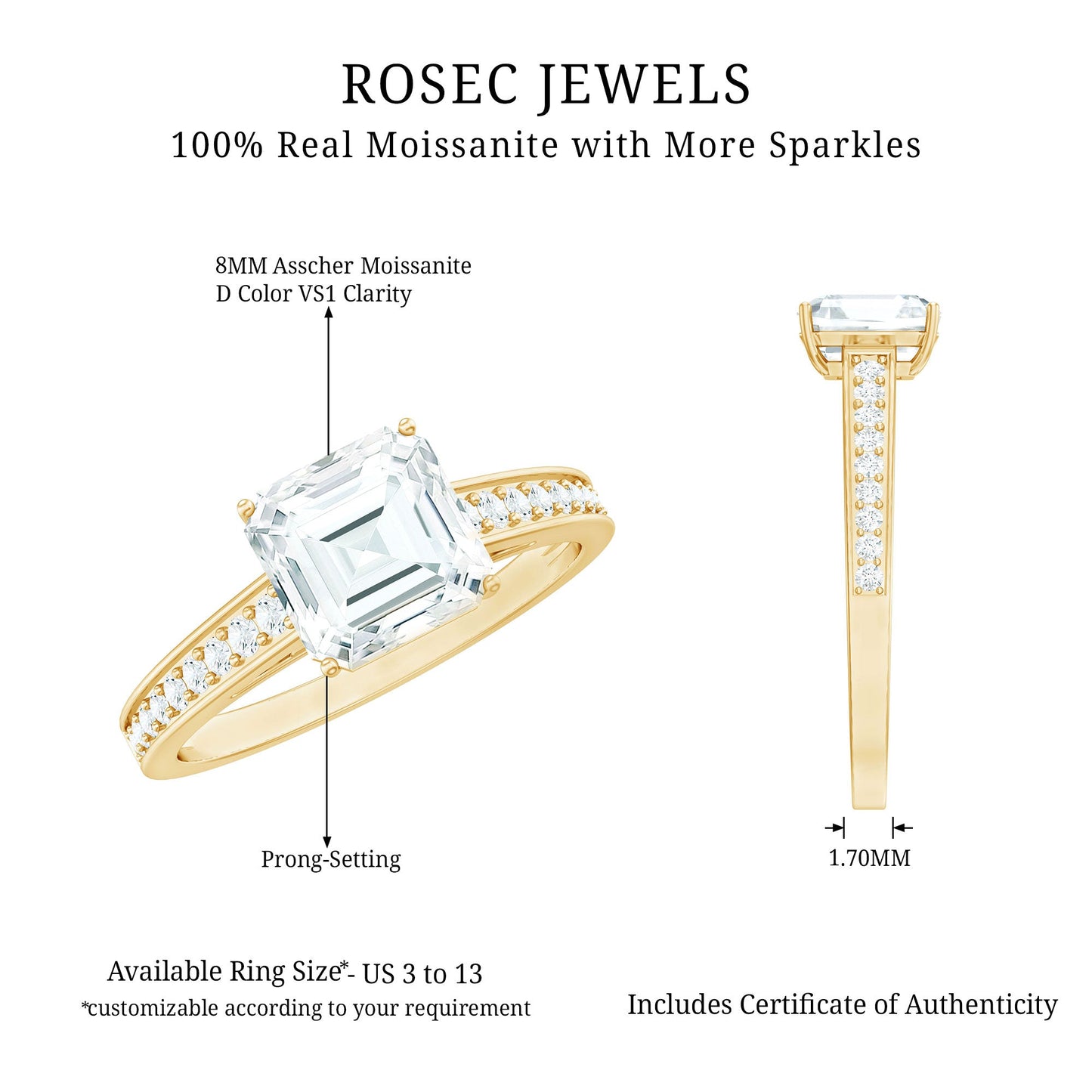 Asscher Cut 3 Carat Moissanite Solitaire Engagement Ring with Side Stones