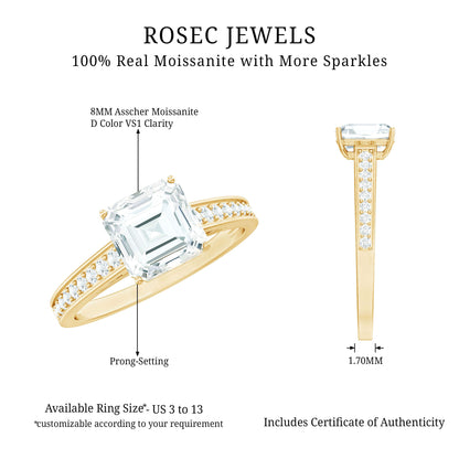Asscher Cut 3 Carat Moissanite Solitaire Engagement Ring with Side Stones