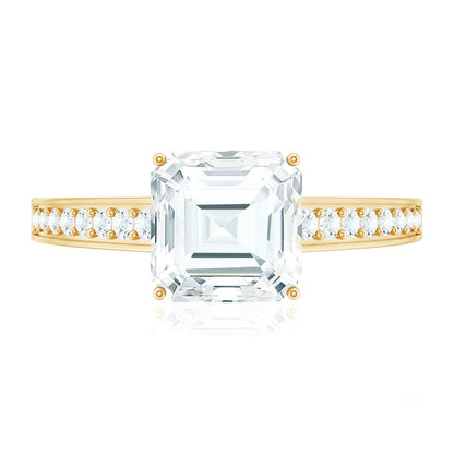 Asscher Cut 3 Carat Moissanite Solitaire Engagement Ring with Side Stones