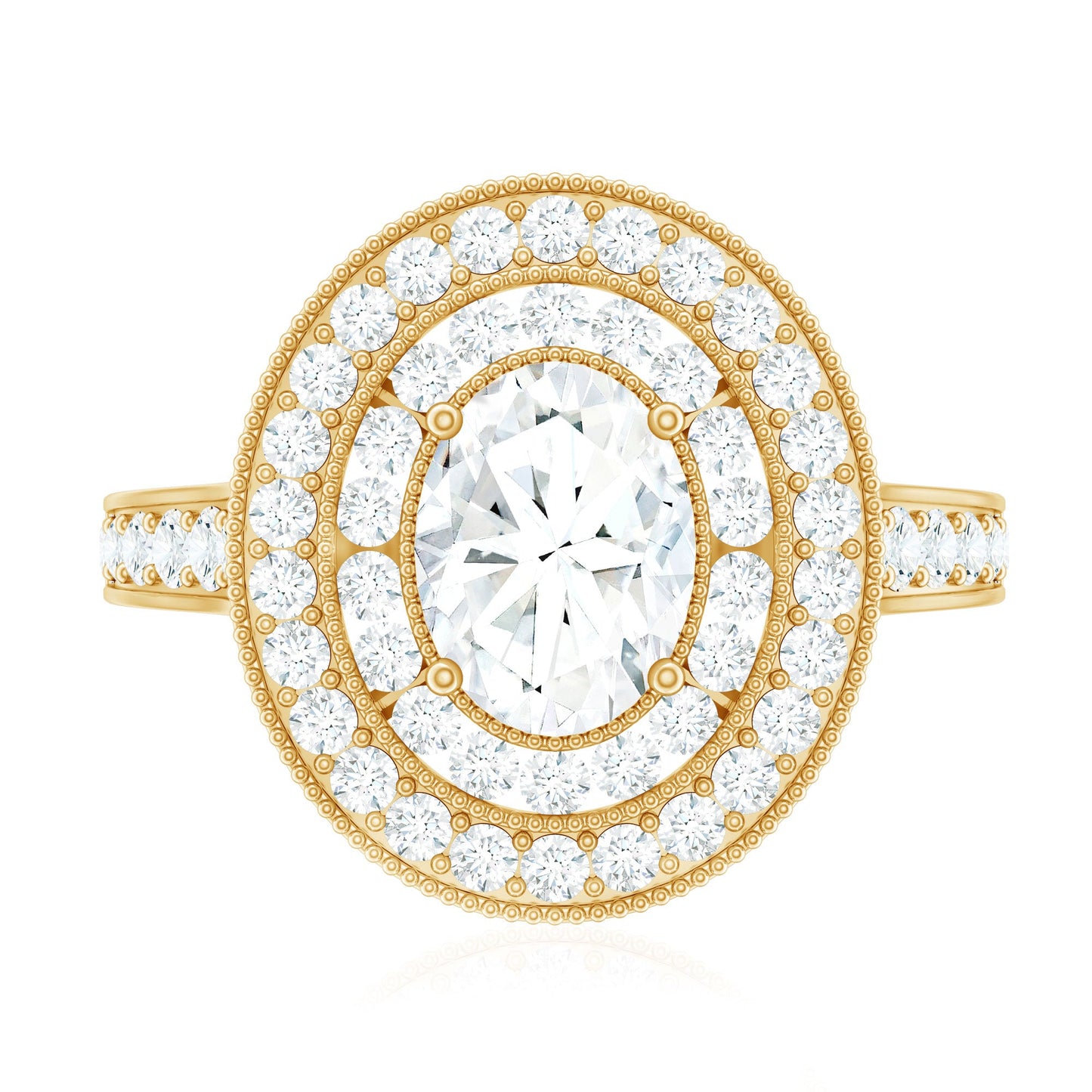 Milgrain Embellished Oval Moissanite Double Halo Engagement Ring