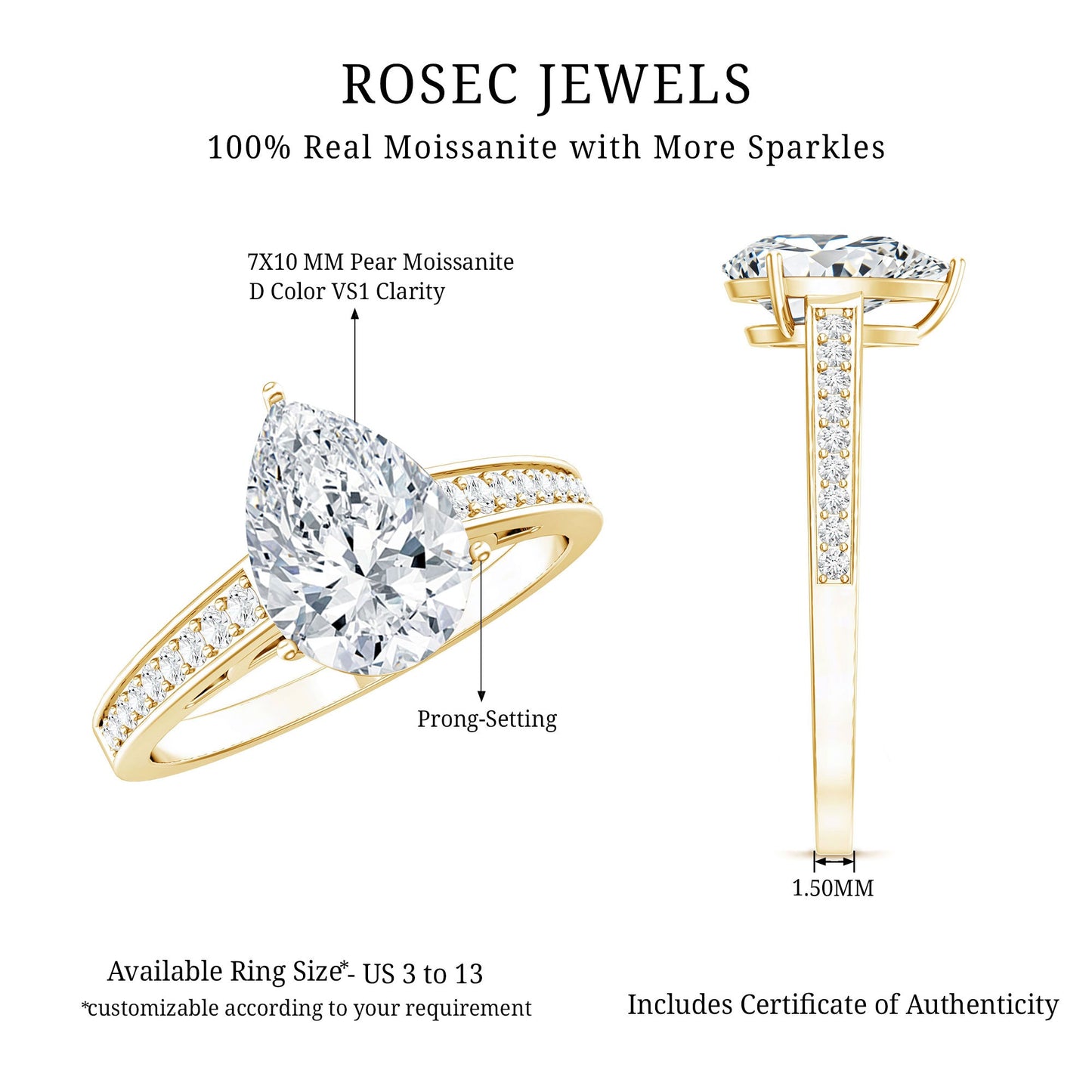 Classic Pear Cut Moissanite Solitaire Engagement Ring With Side Stones
