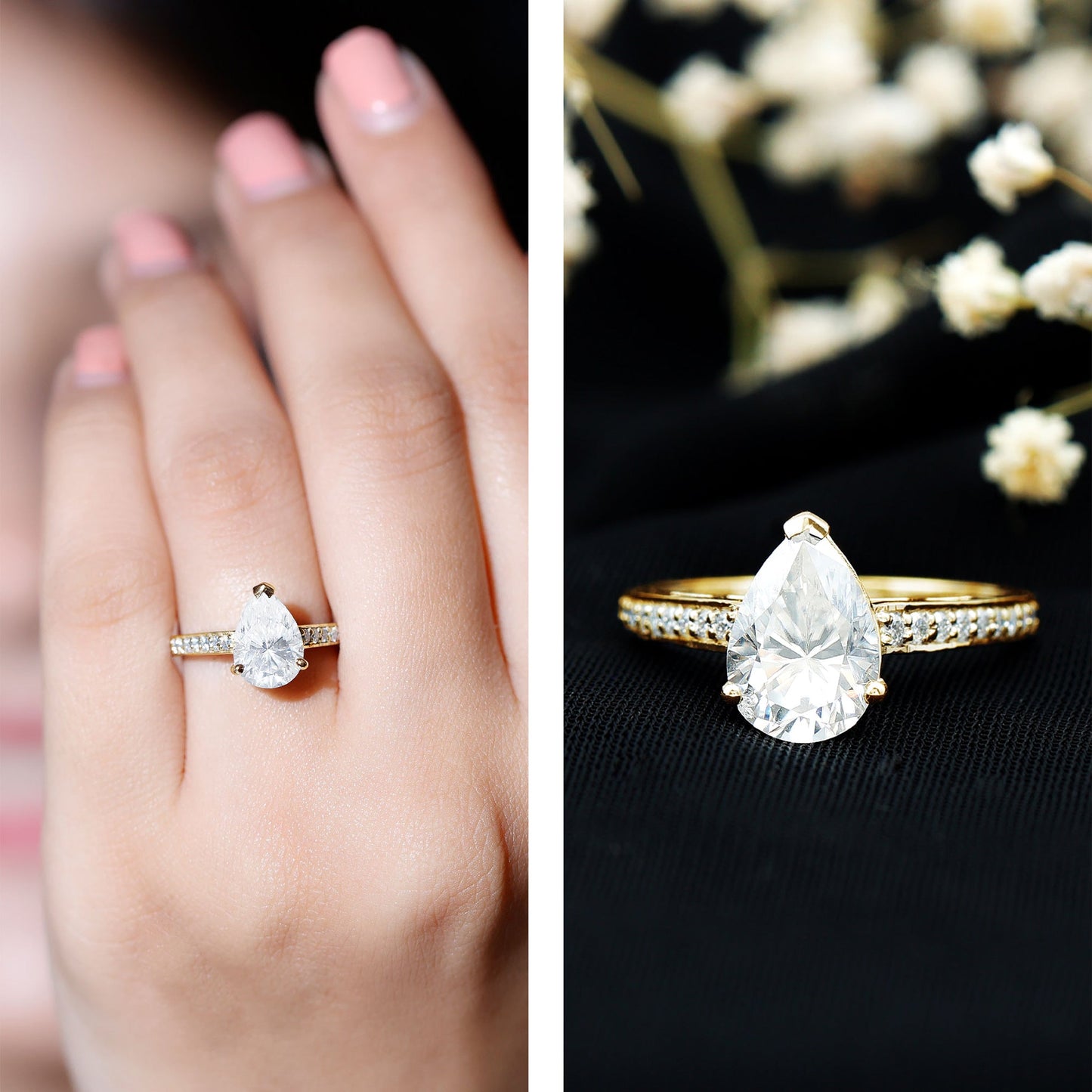 Classic Pear Cut Moissanite Solitaire Engagement Ring With Side Stones
