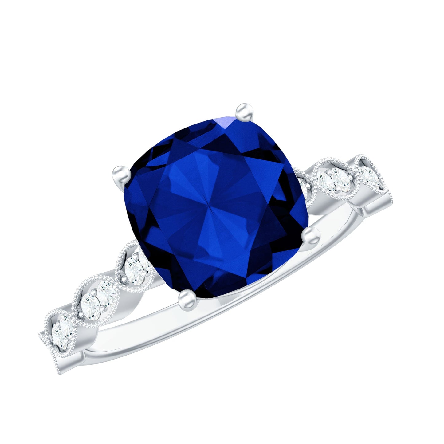 Certified 2.75 Carat Lab Grown Blue Sapphire Cushion Cut Engagement Ring with Diamond