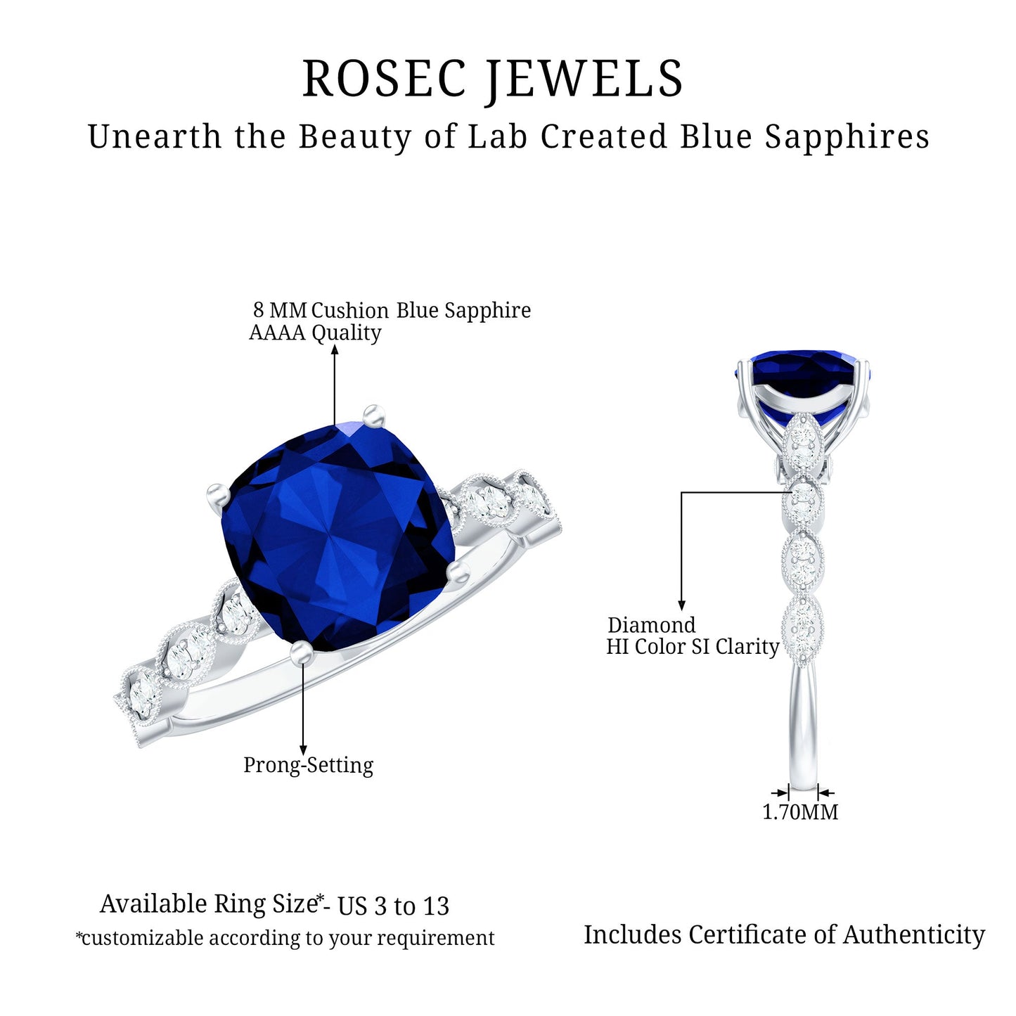 Certified 2.75 Carat Lab Grown Blue Sapphire Cushion Cut Engagement Ring with Diamond