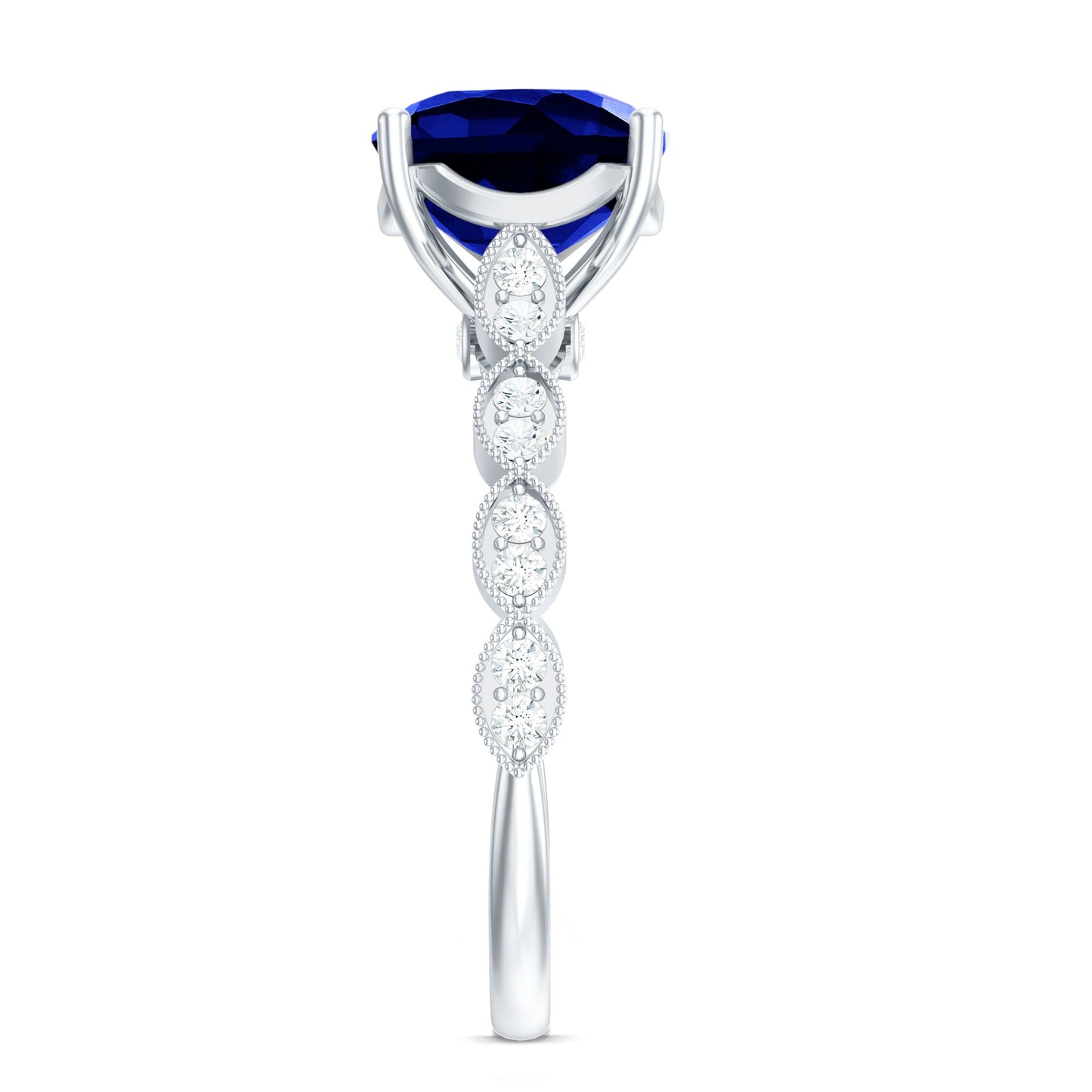 Certified 2.75 Carat Lab Grown Blue Sapphire Cushion Cut Engagement Ring with Diamond