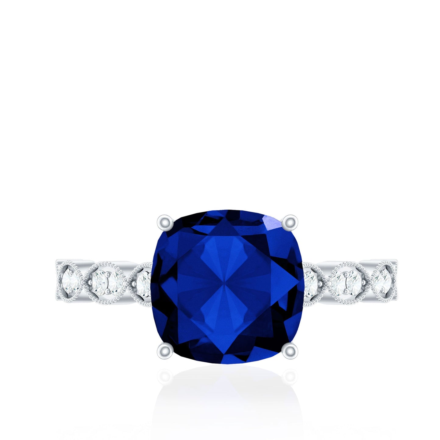 Certified 2.75 Carat Lab Grown Blue Sapphire Cushion Cut Engagement Ring with Diamond