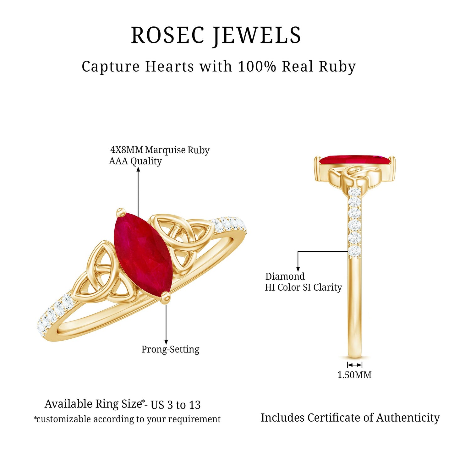 Natural 0.75 Carat Marquise Ruby Diamond Engagement Ring with Celtic Knot