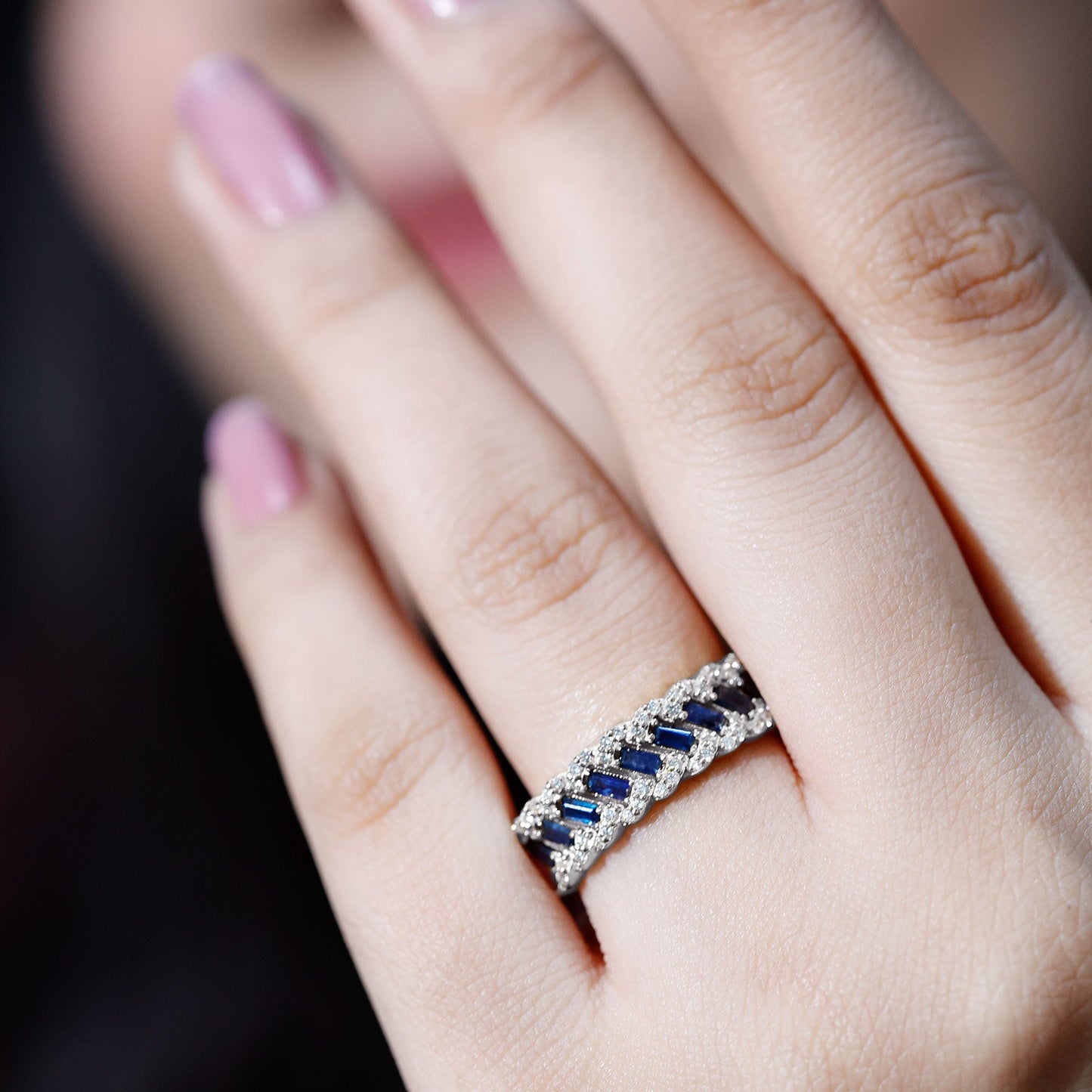 Natural Baguette Blue Sapphire Half Eternity Ring with Diamond