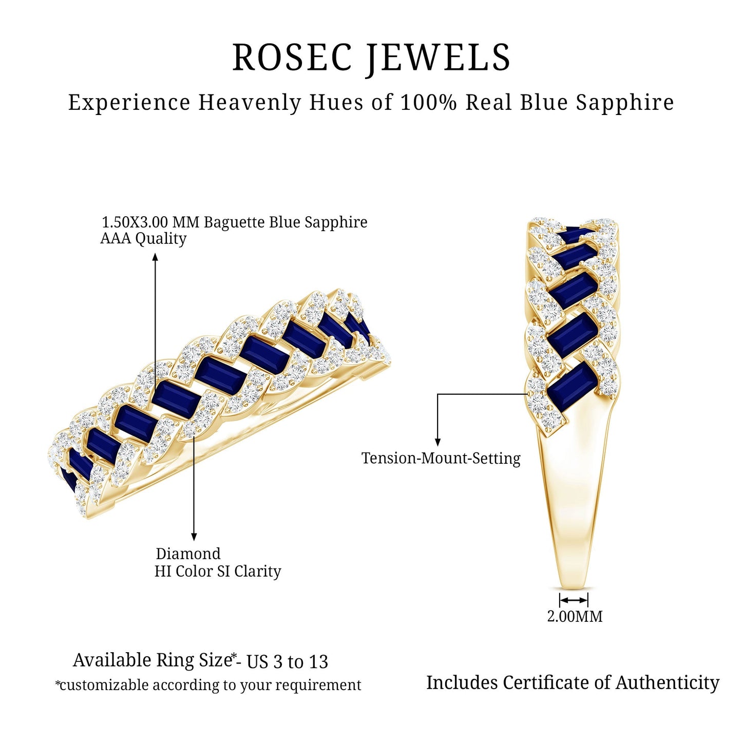 Natural Baguette Blue Sapphire Half Eternity Ring with Diamond