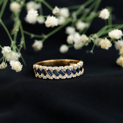 Natural Baguette Blue Sapphire Half Eternity Ring with Diamond