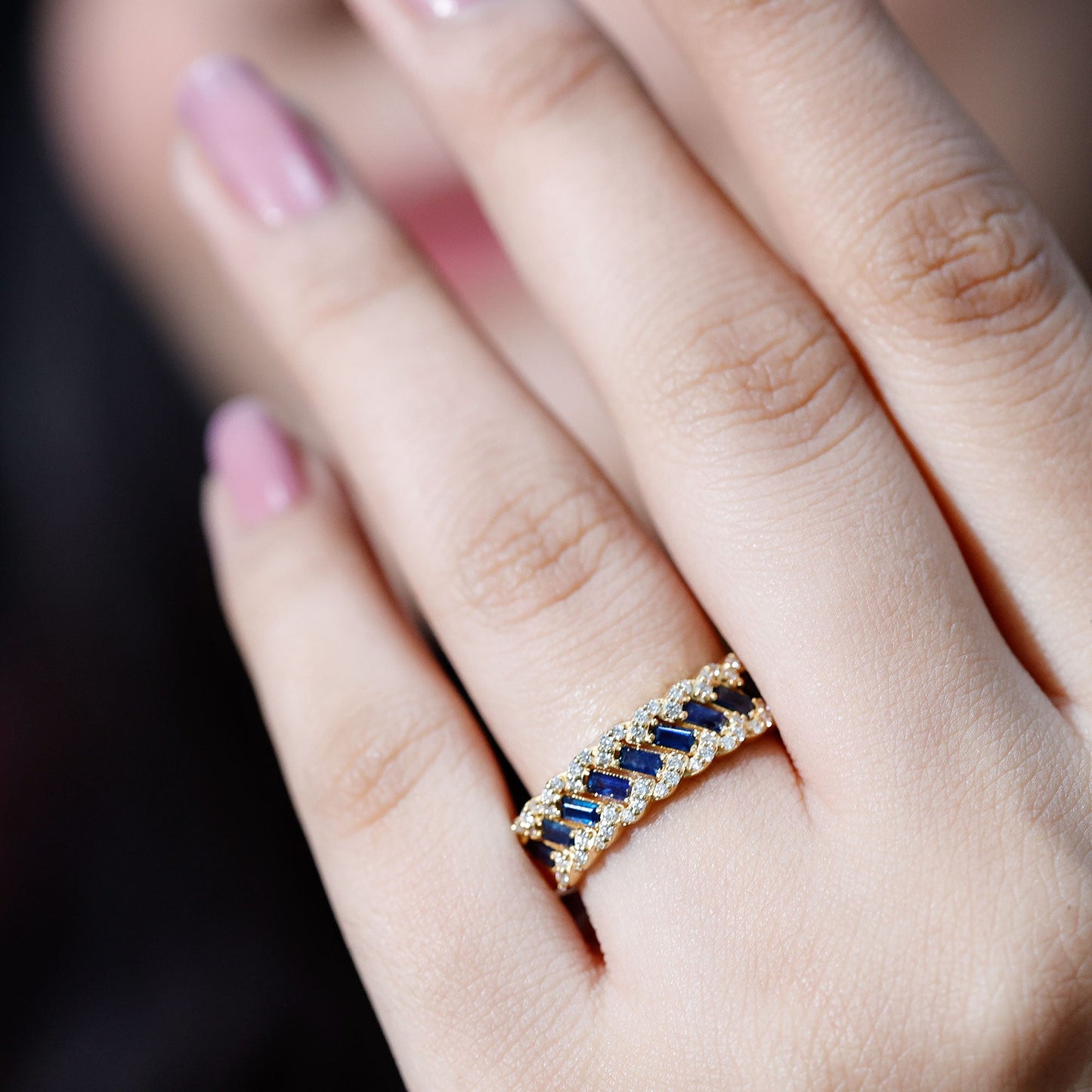 Natural Baguette Blue Sapphire Half Eternity Ring with Diamond