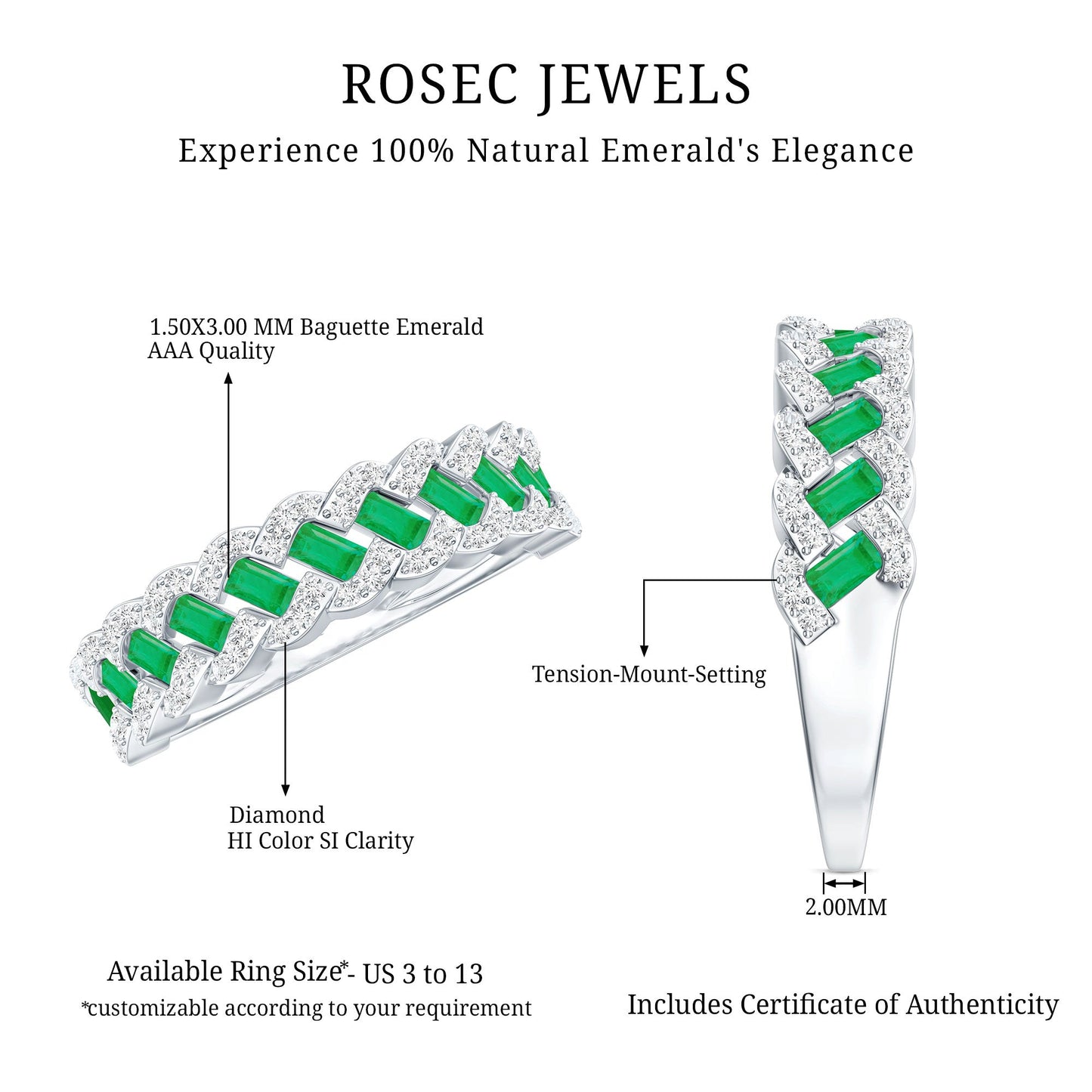 Baguette Emerald and Diamond Braided Half Eternity Band Ring