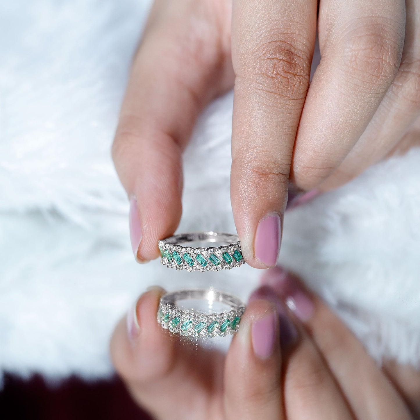 Baguette Emerald and Diamond Braided Half Eternity Band Ring