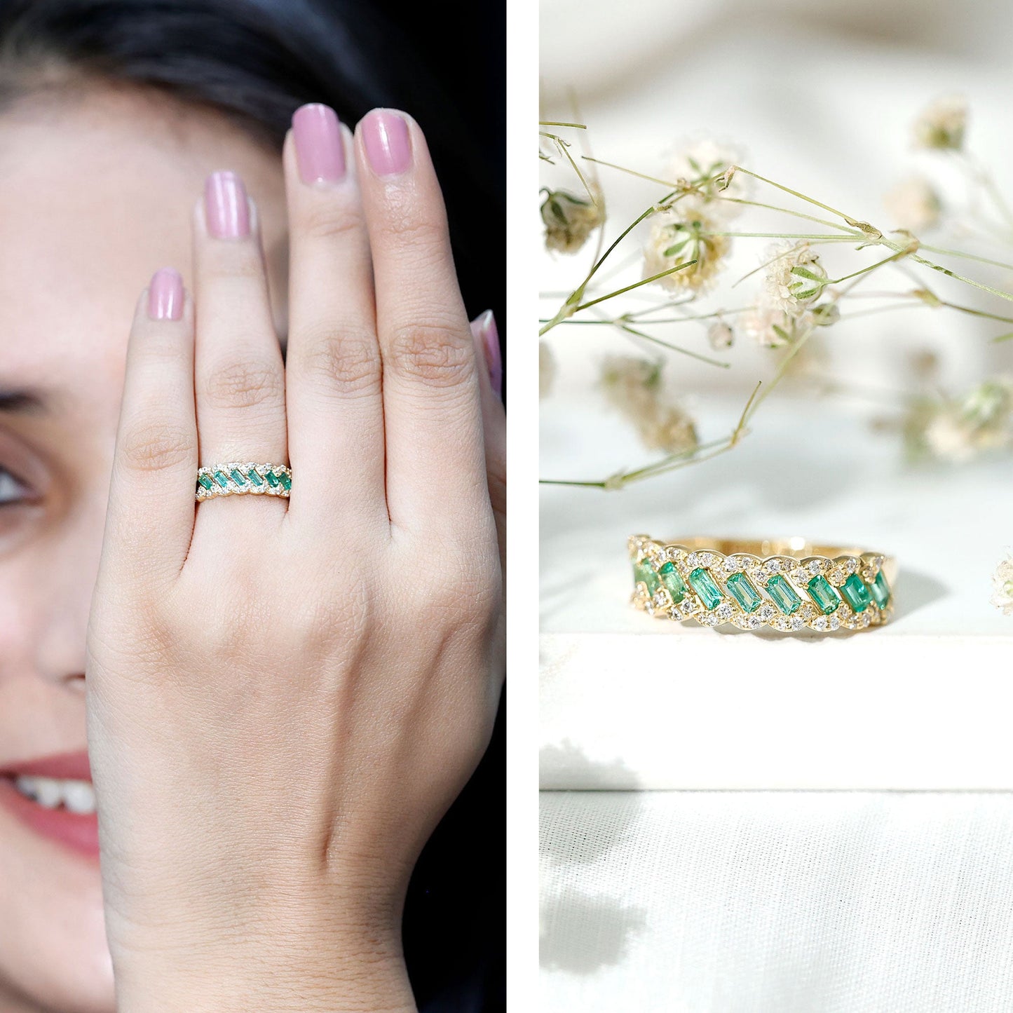 Baguette Emerald and Diamond Braided Half Eternity Band Ring