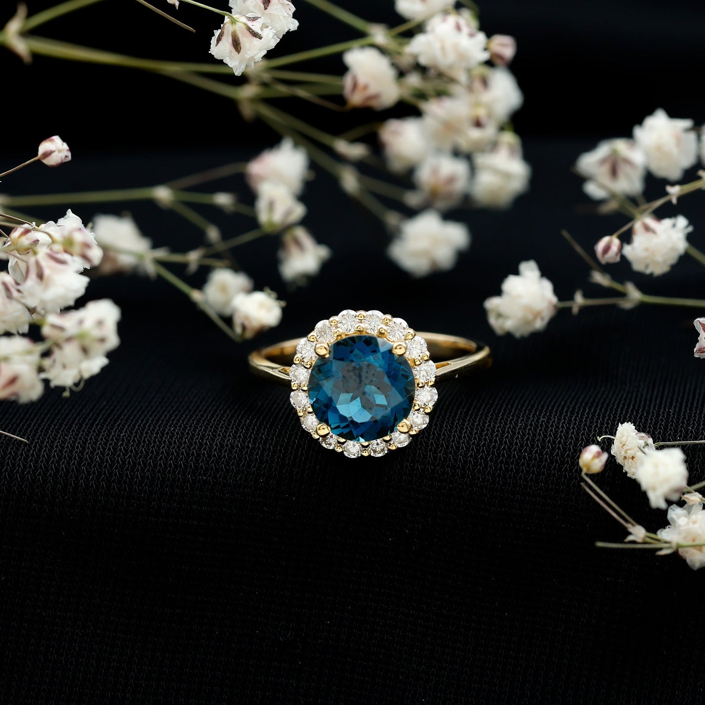 2 Carat Round London Blue Topaz Classic Engagement Ring with Diamond Halo