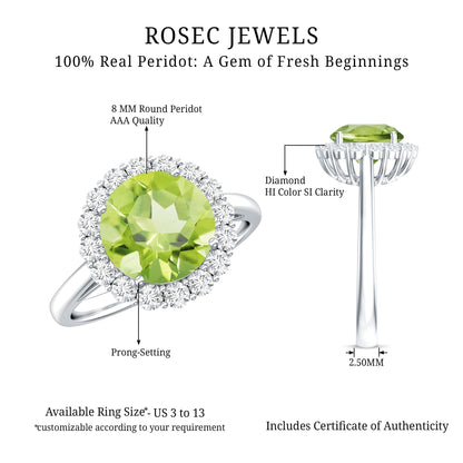 2 Carat Round Peridot and Diamond Halo Engagement Ring