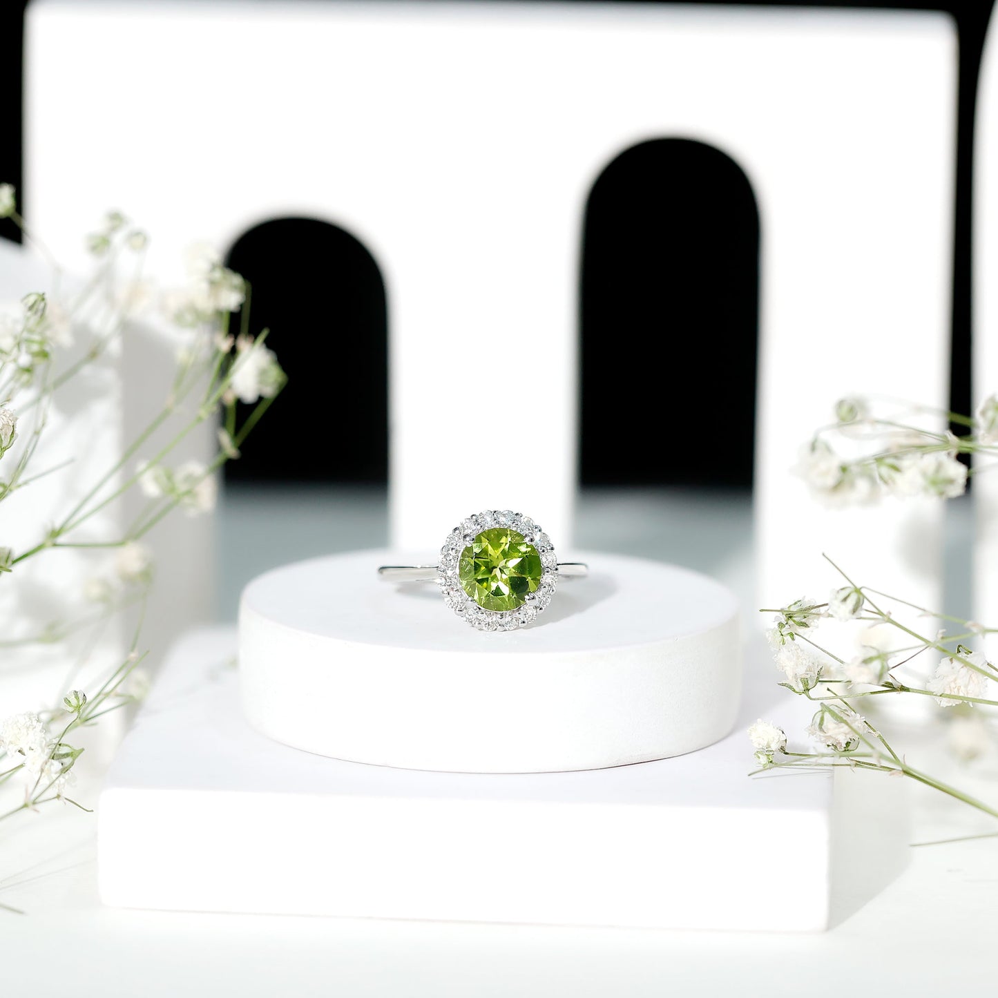 2 Carat Round Peridot and Diamond Halo Engagement Ring