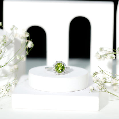2 Carat Round Peridot and Diamond Halo Engagement Ring
