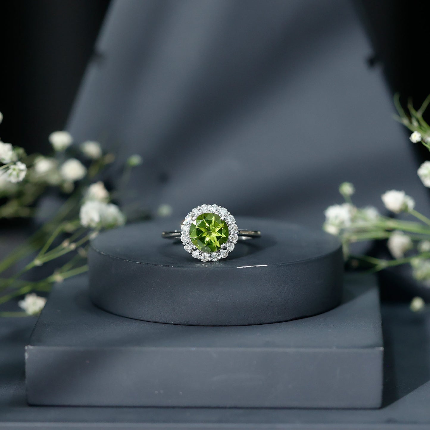 2 Carat Round Peridot and Diamond Halo Engagement Ring
