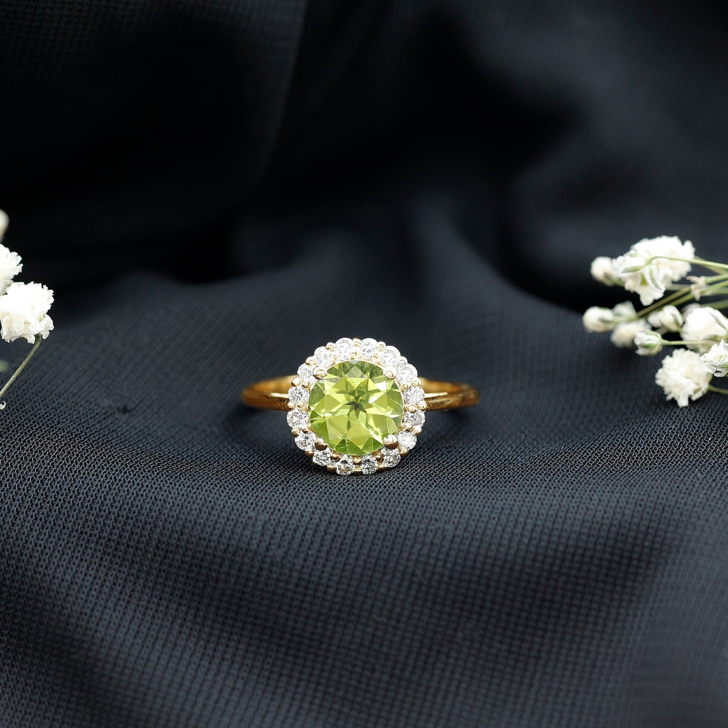 2 Carat Round Peridot and Diamond Halo Engagement Ring