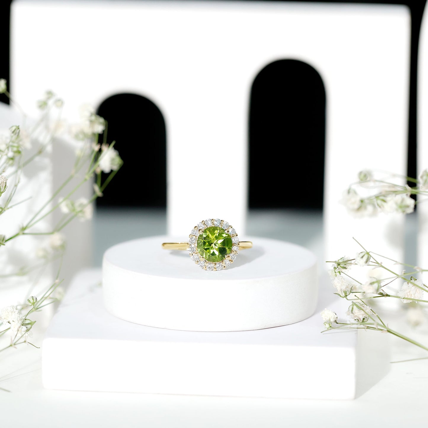 2 Carat Round Peridot and Diamond Halo Engagement Ring