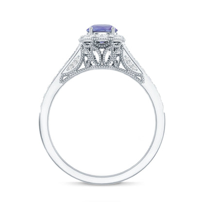 Vintage Style Tanzanite Engagement Ring with Diamond Halo