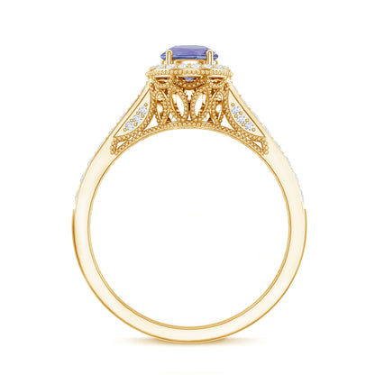 Vintage Style Tanzanite Engagement Ring with Diamond Halo