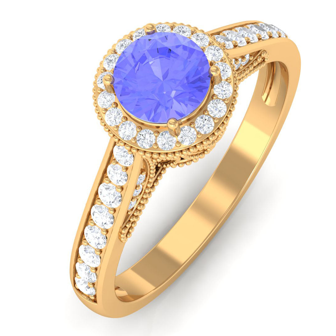 Vintage Style Tanzanite Engagement Ring with Diamond Halo
