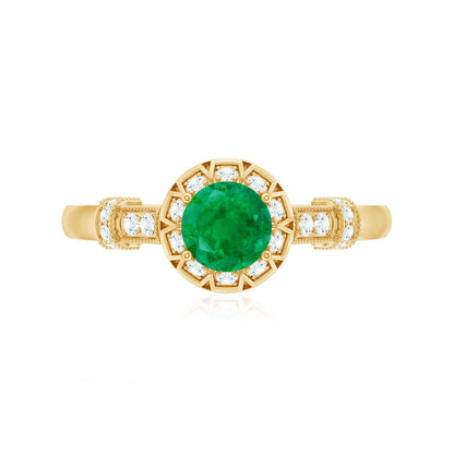 Vintage Inspired Emerald Engagement Ring with Diamond