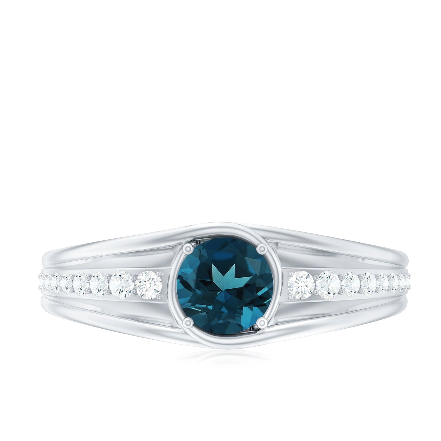 Genuine London Blue Topaz Engagement Ring with Diamond Side Stones