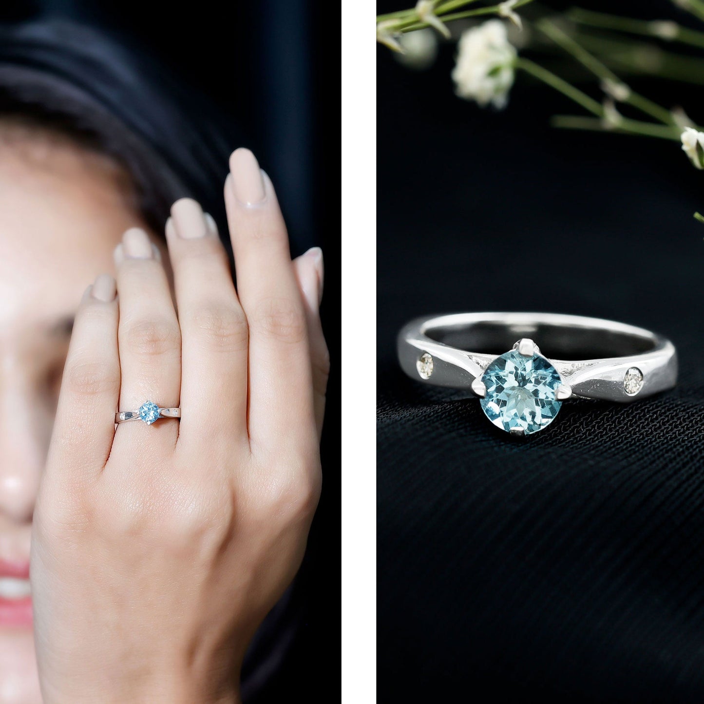 6 MM Certified Aquamarine Solitaire Promise Ring with Diamond