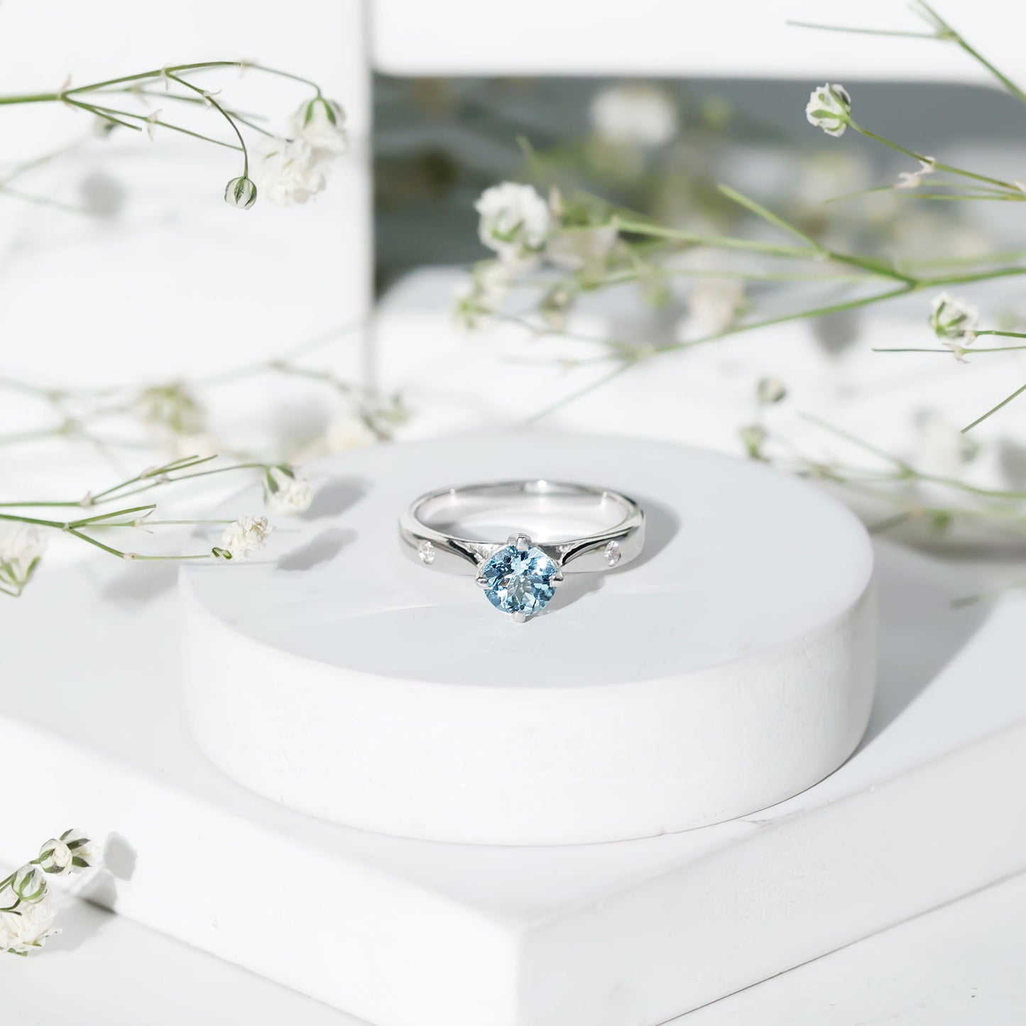 6 MM Certified Aquamarine Solitaire Promise Ring with Diamond