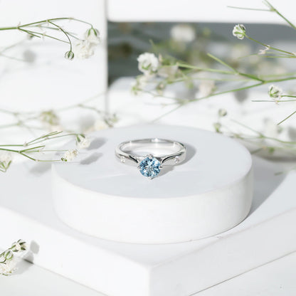 6 MM Certified Aquamarine Solitaire Promise Ring with Diamond