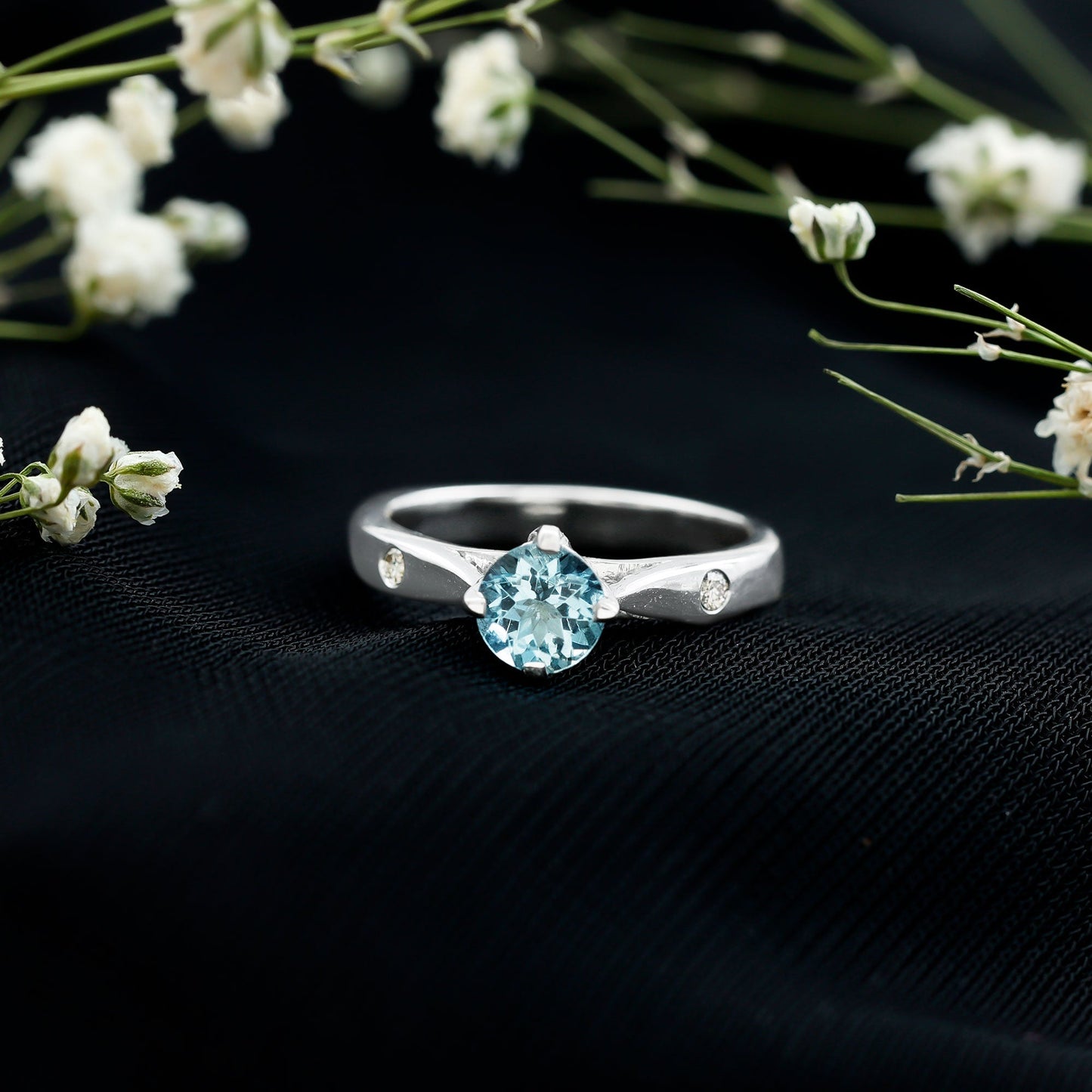 6 MM Certified Aquamarine Solitaire Promise Ring with Diamond