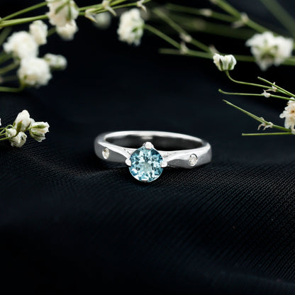 6 MM Certified Aquamarine Solitaire Promise Ring with Diamond