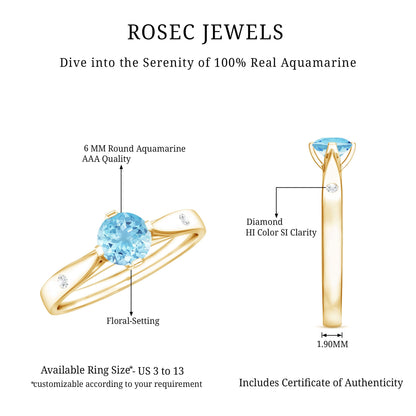 6 MM Certified Aquamarine Solitaire Promise Ring with Diamond