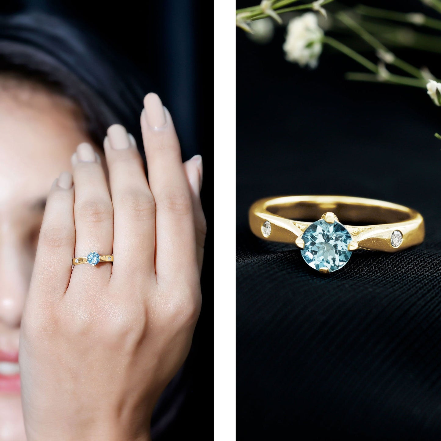 6 MM Certified Aquamarine Solitaire Promise Ring with Diamond