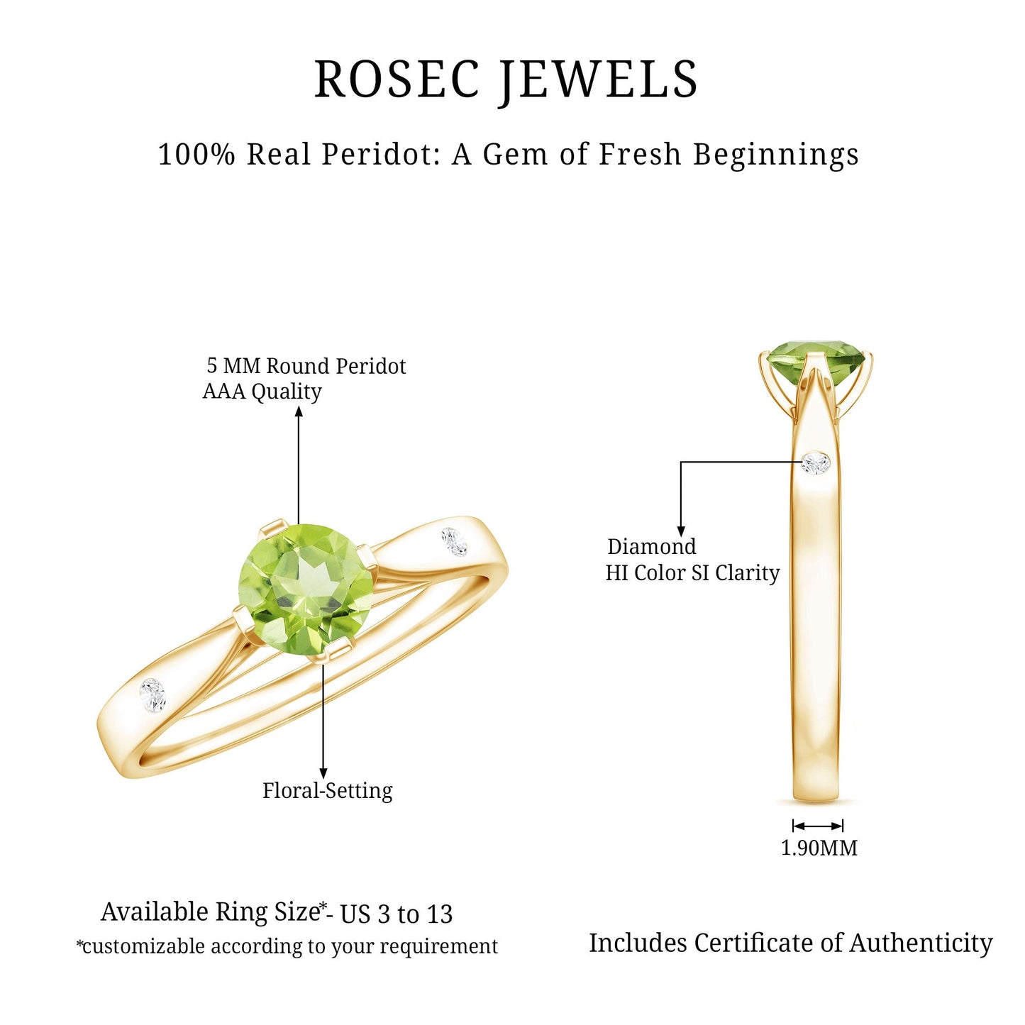 Natural 0.5 Carat Peridot Promise Ring with Diamond