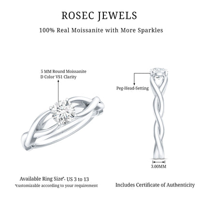 Certified Moissanite Solitaire Engagement Ring in Crossover Shank