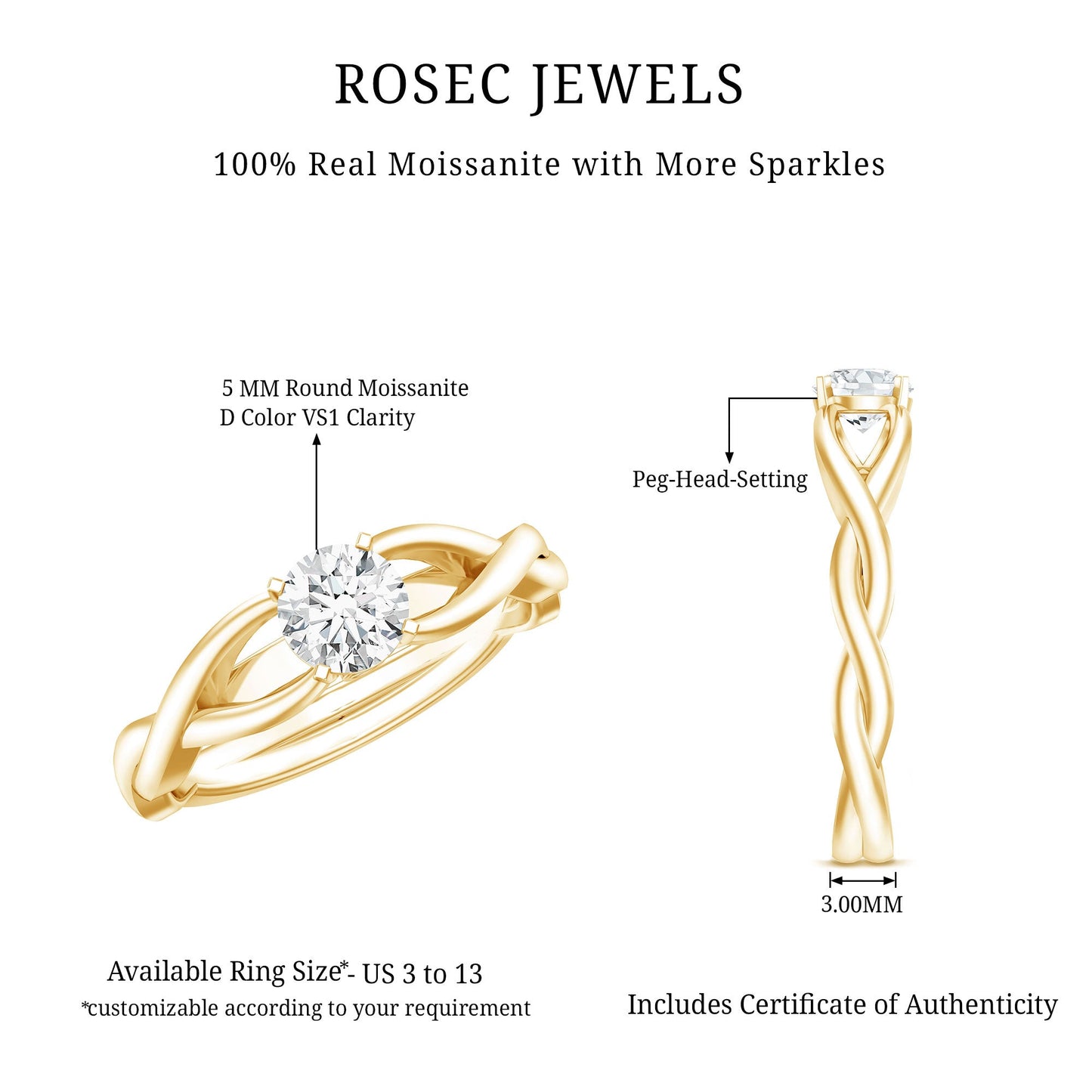 Certified Moissanite Solitaire Engagement Ring in Crossover Shank