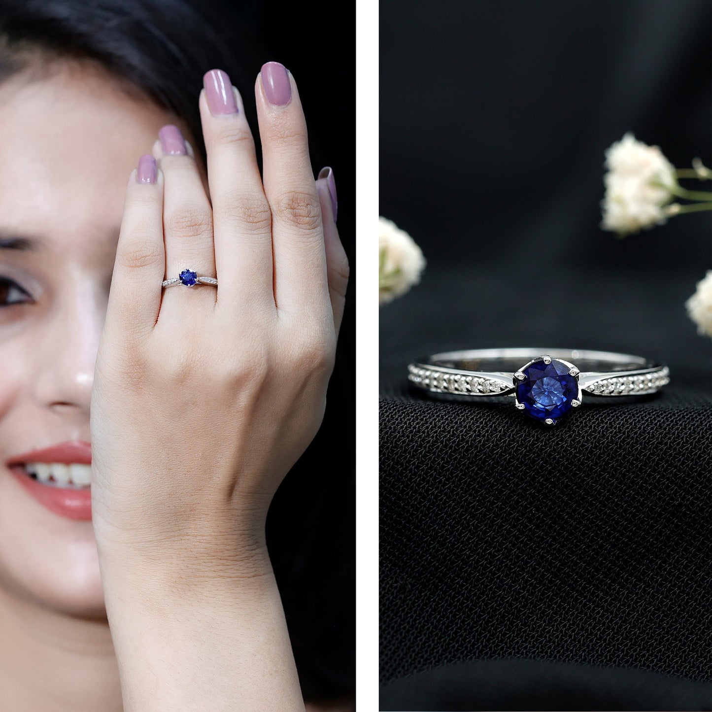 Natural 0.9 Carat Blue Sapphire Engagement Ring with Diamond