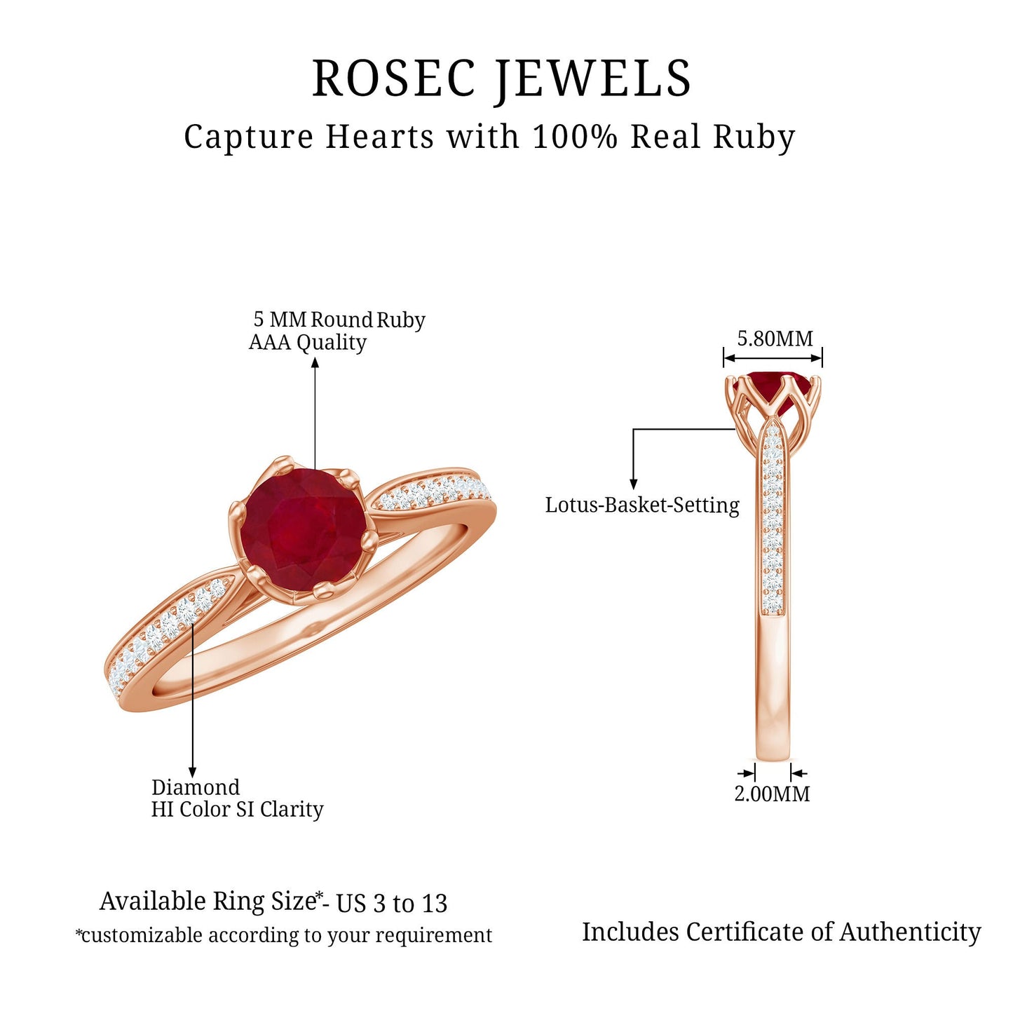 Real 0.6 Carat Ruby Engagement Ring with Diamond for Women