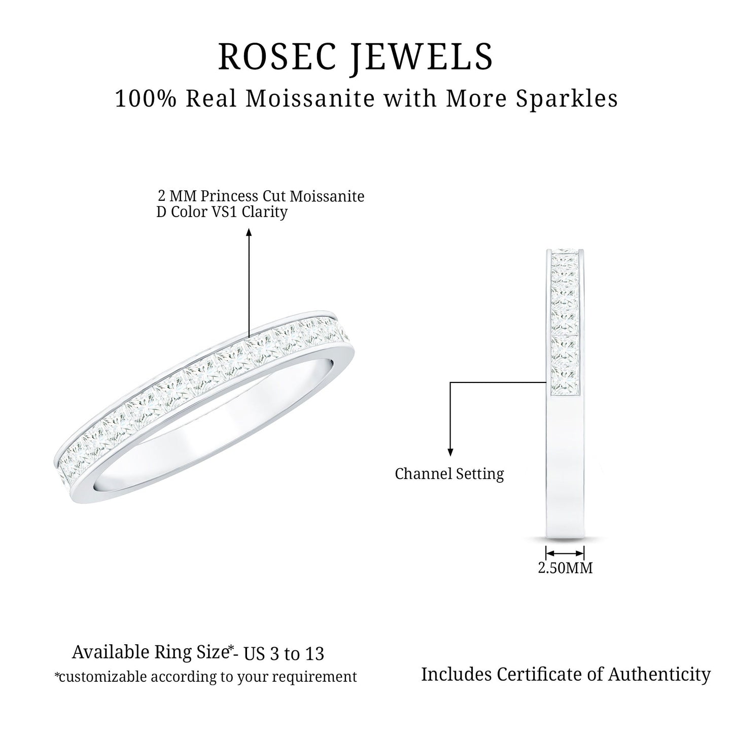 Princess Cut Moissanite Half Eternity Band Ring in Channel Setting