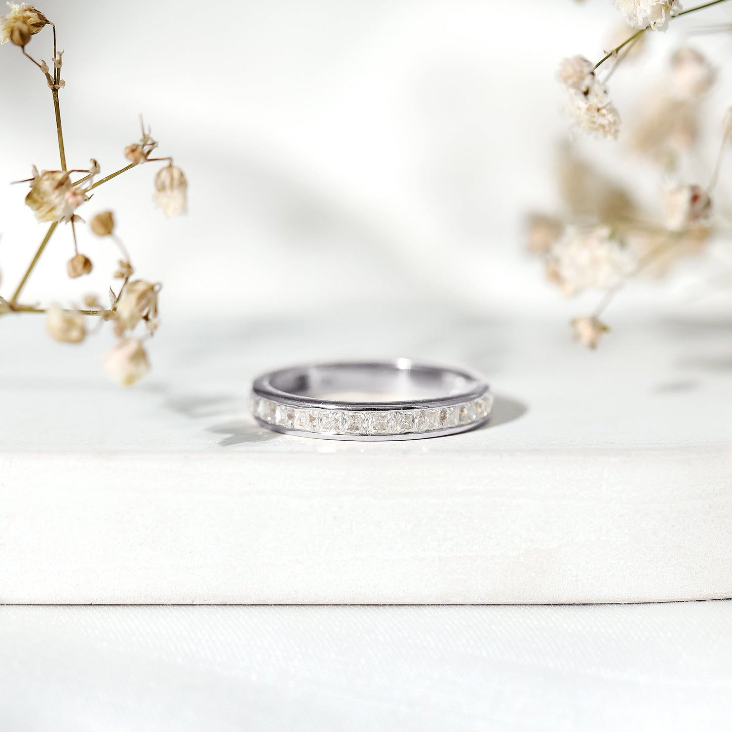 Princess Cut Moissanite Half Eternity Band Ring in Channel Setting