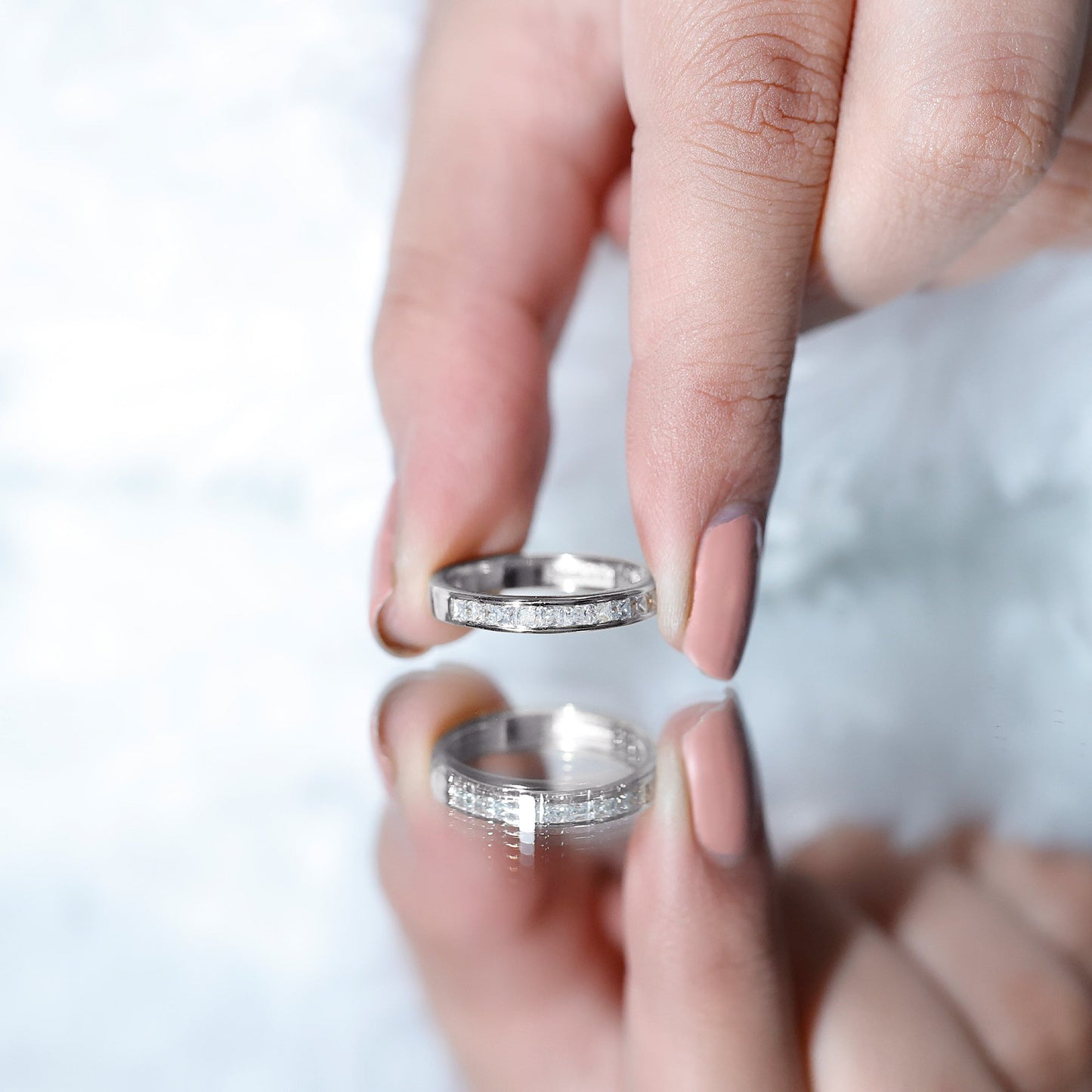 Princess Cut Moissanite Half Eternity Band Ring in Channel Setting