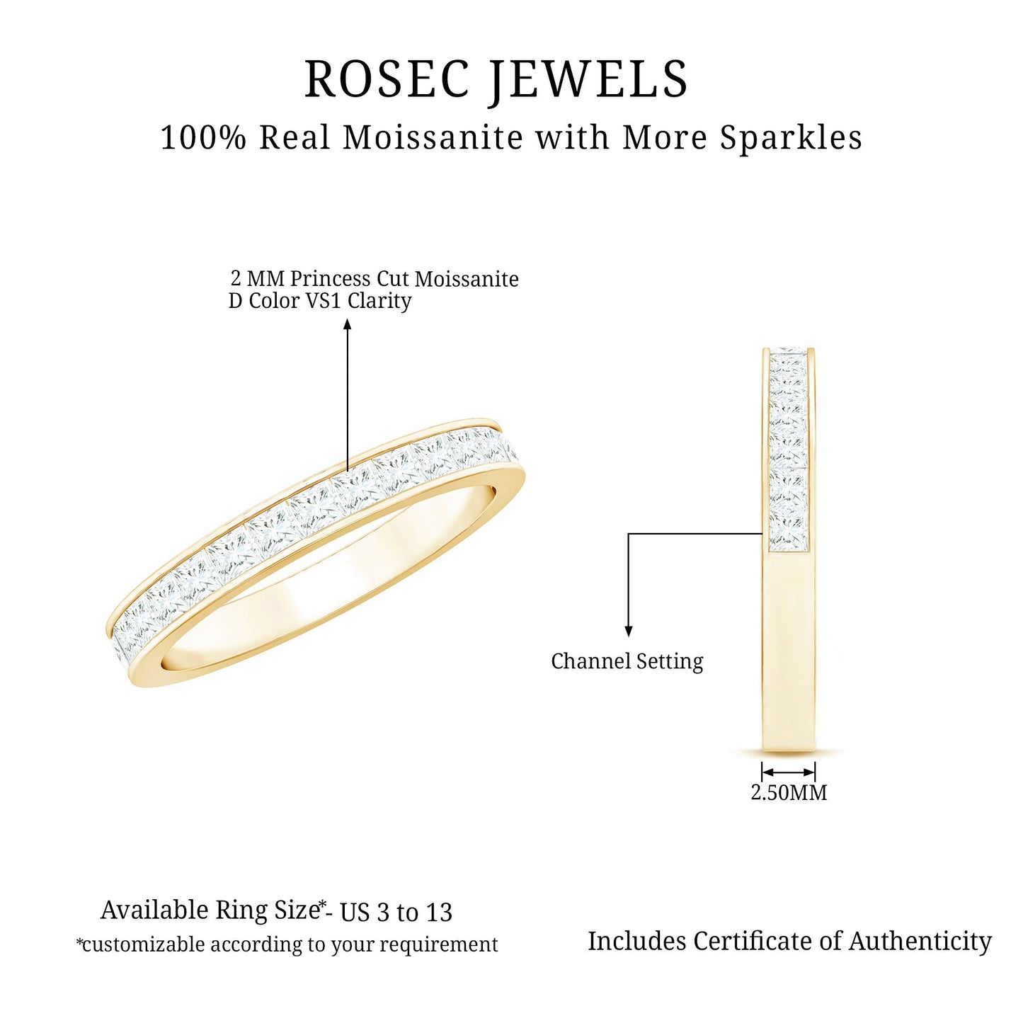 Princess Cut Moissanite Half Eternity Band Ring in Channel Setting