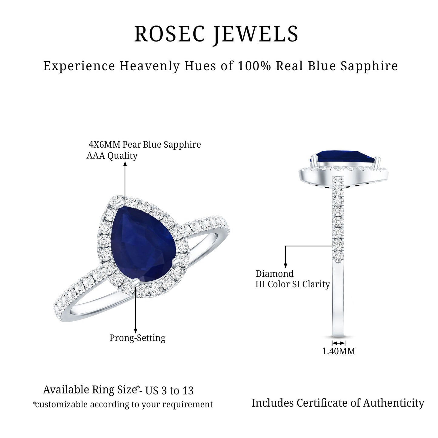 Natural Blue Sapphire and Diamond Teardrop Halo Engagement Ring