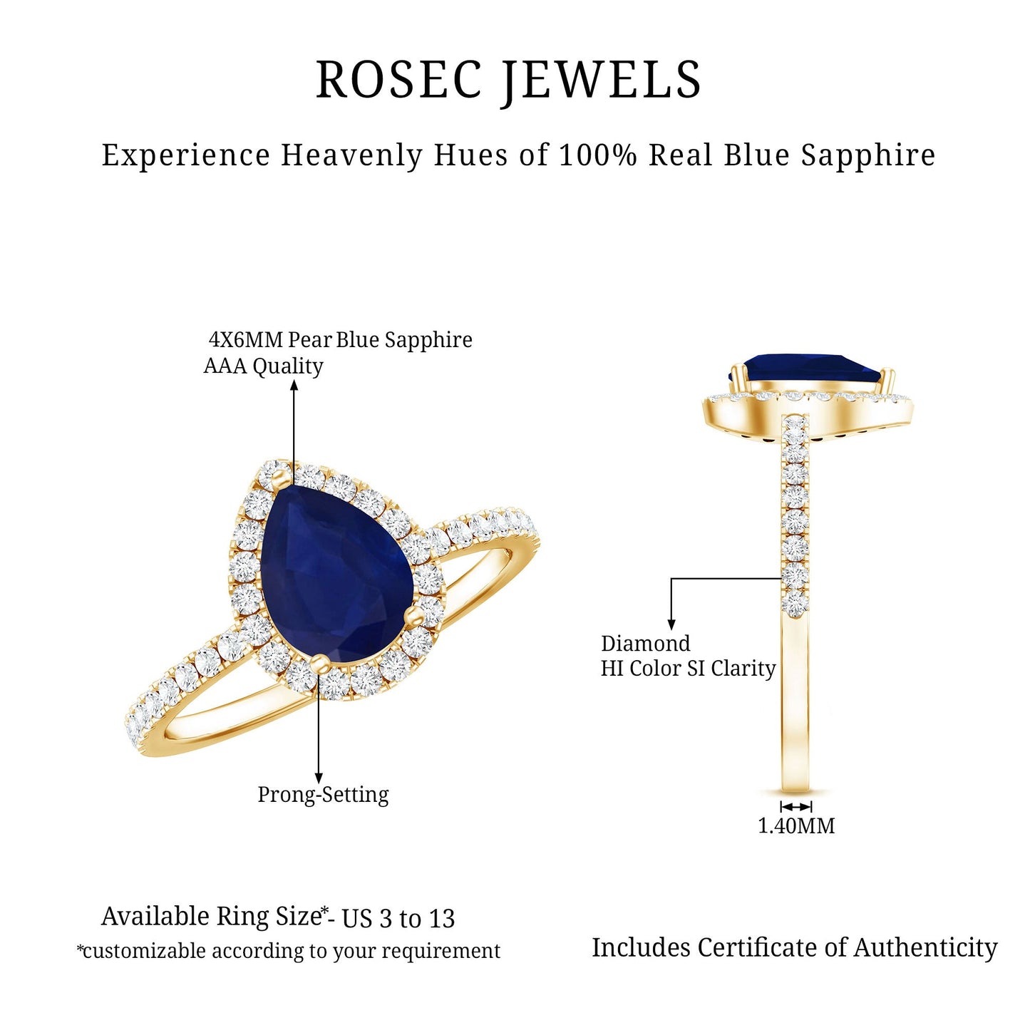 Natural Blue Sapphire and Diamond Teardrop Halo Engagement Ring
