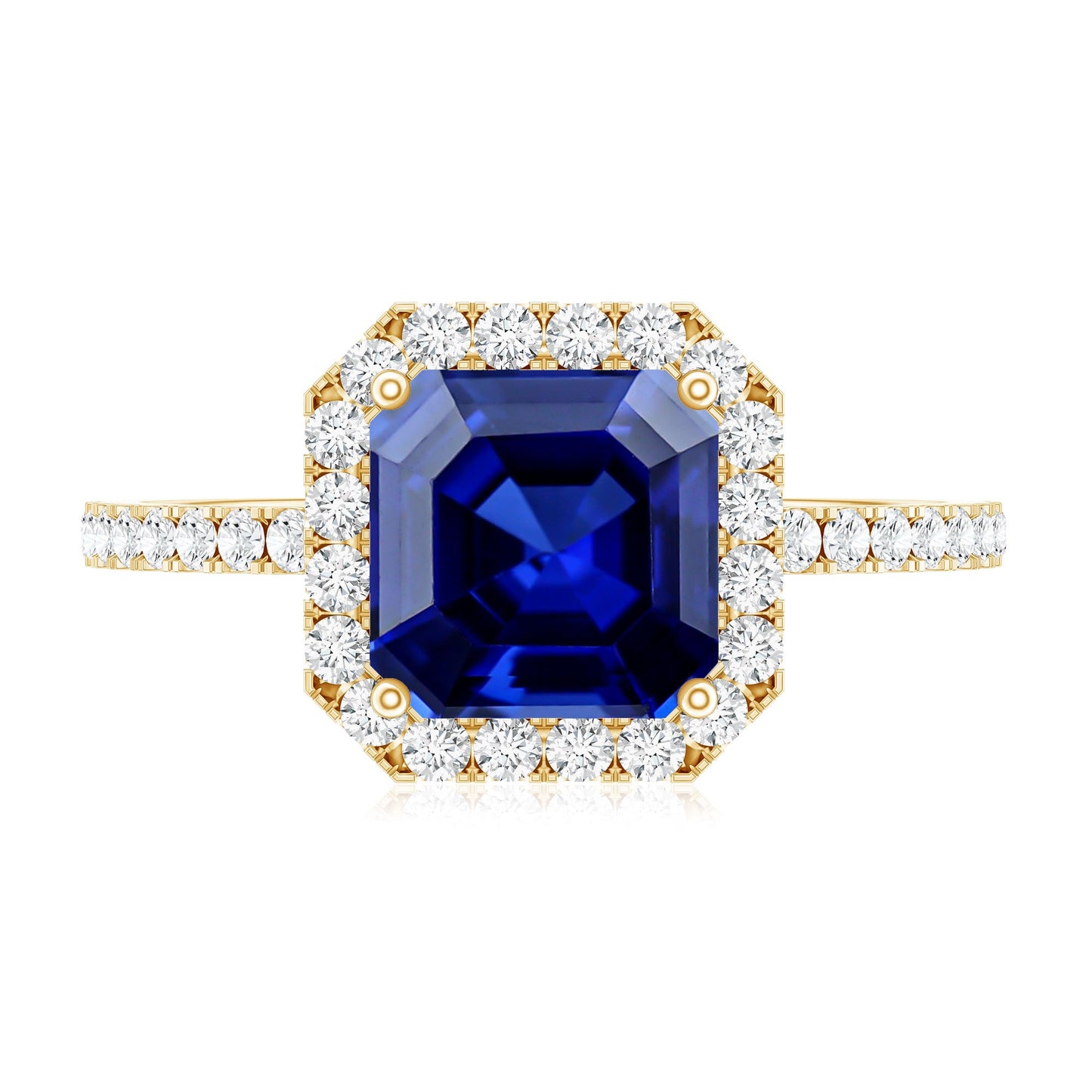 Certified 4.8 Carat Lab Grown Blue Sapphire Asscher Cut Engagement Ring with Diamond Halo